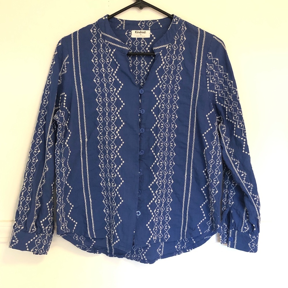 Navy Blue Embroidered Geometric Pattern Fabric Blouse by Kindred. Cotton Med